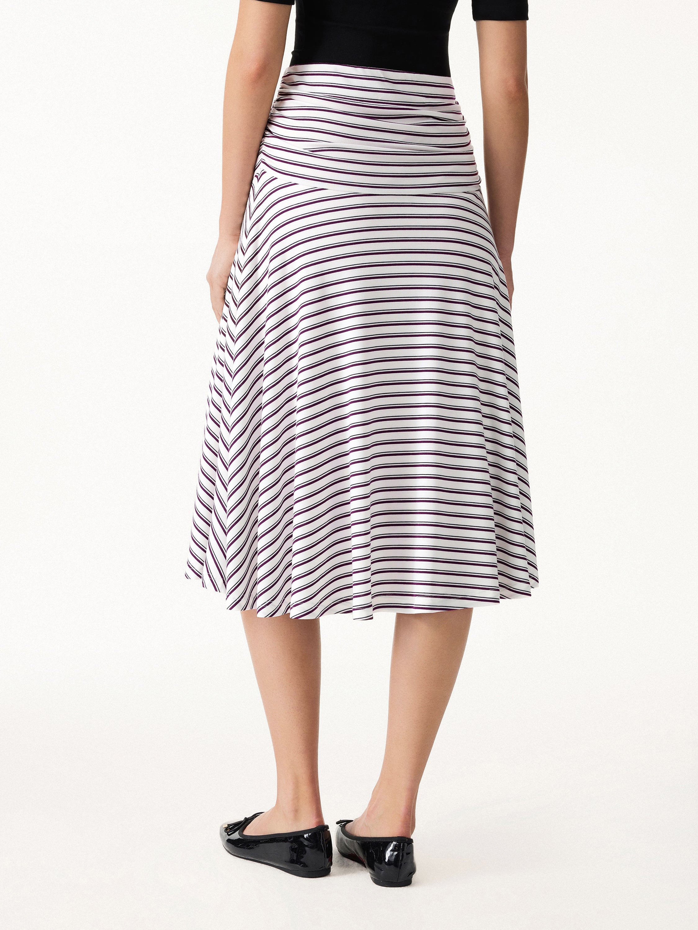 Flowy Striped Circle Flare Ruched Midi Skirt