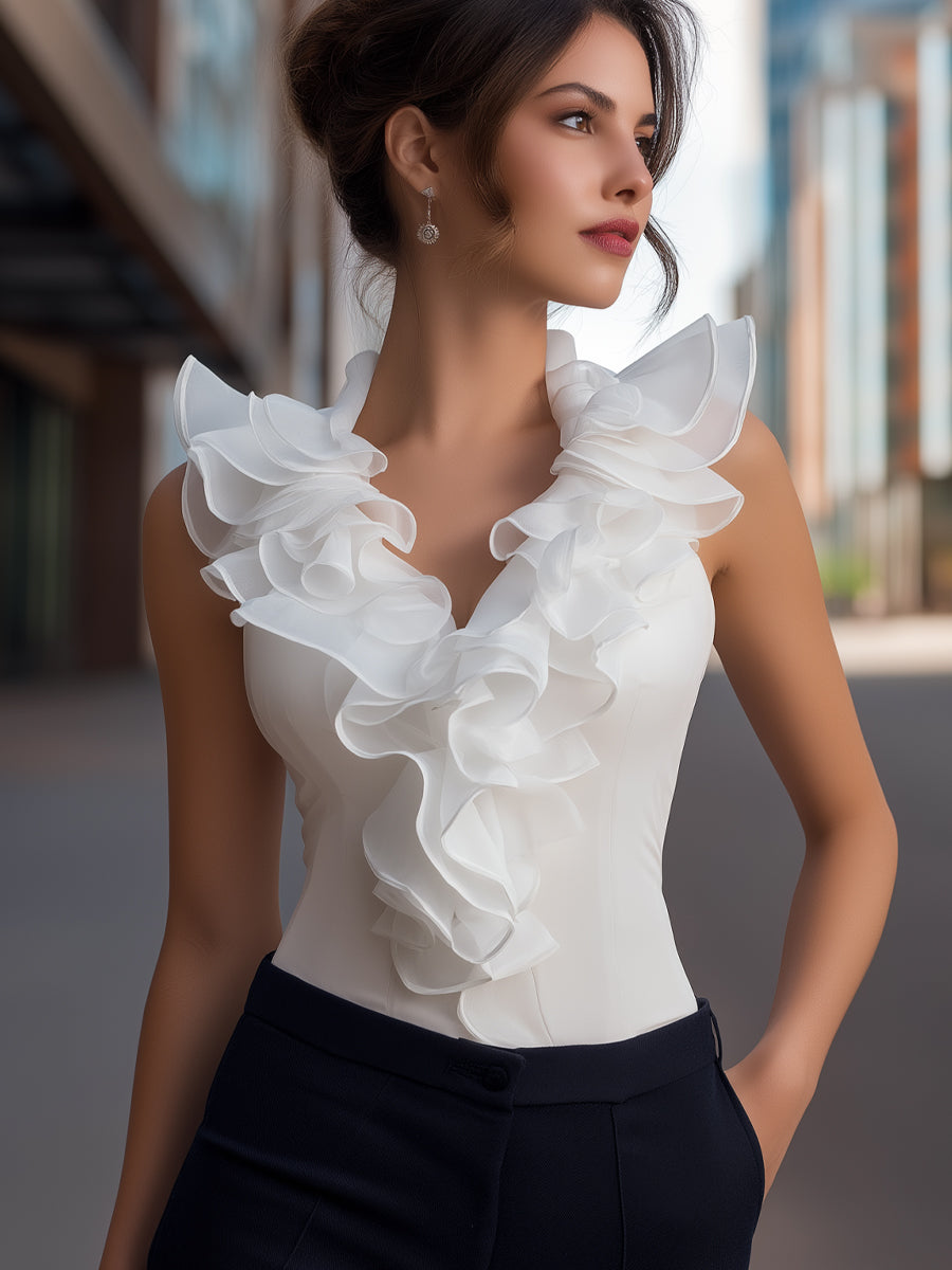 Léon Varel Sleeveless Chiffon Ruffled V-Neck Top
