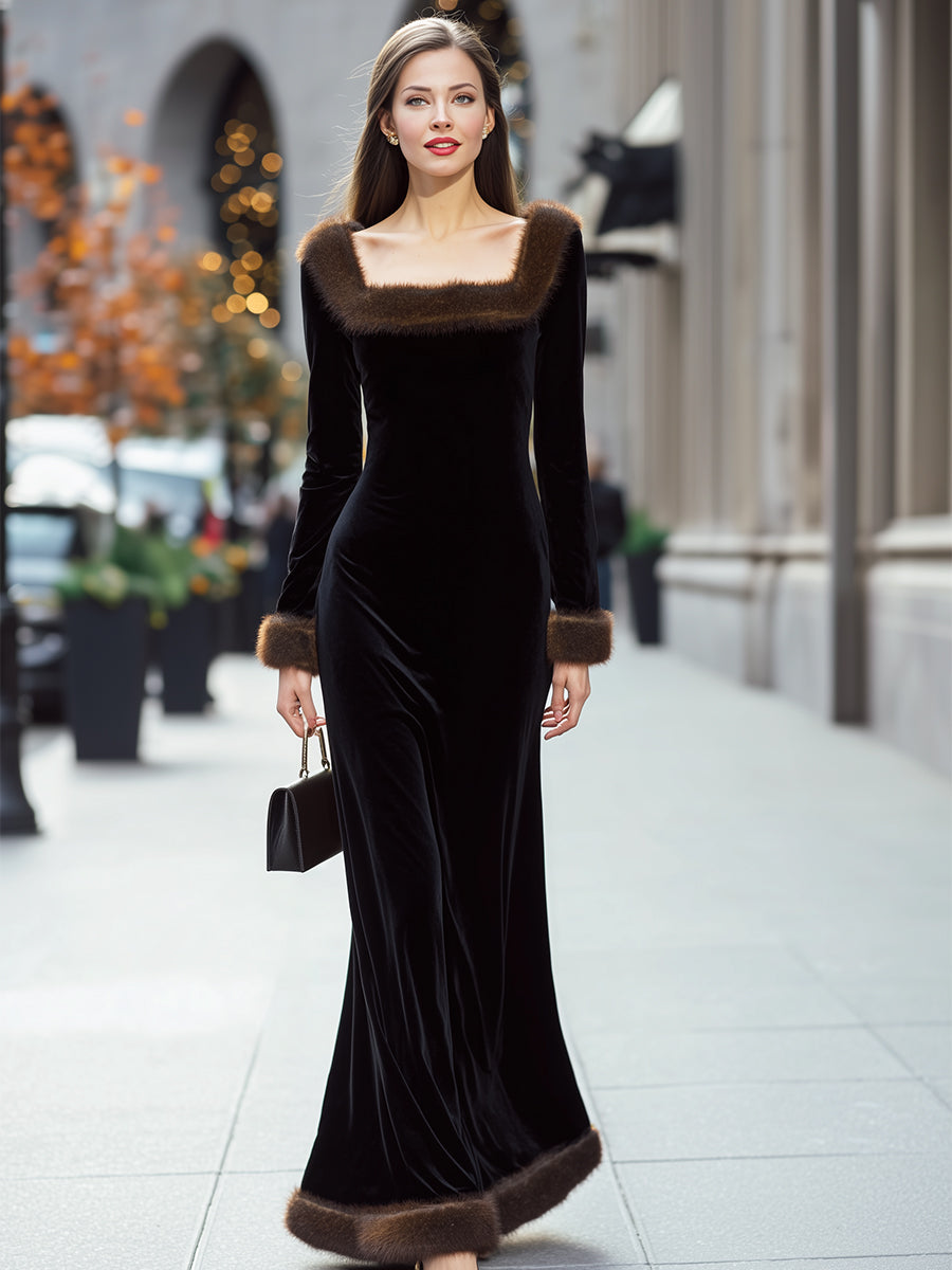 Léon Varel Luxurious Black Velvet Gown With Faux Fur Trim