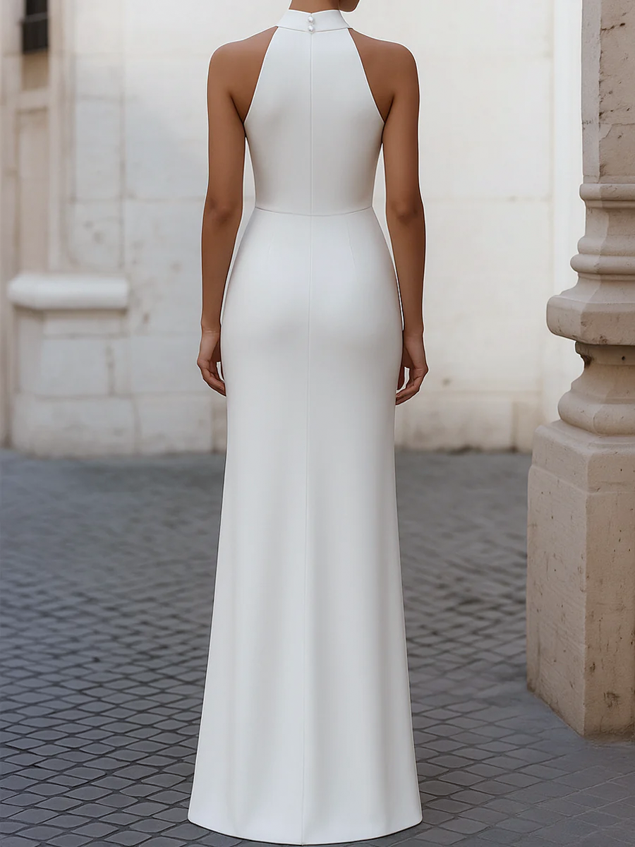 Léon Varel Elegant Satin Pleated Halter-Neck Evening Gown