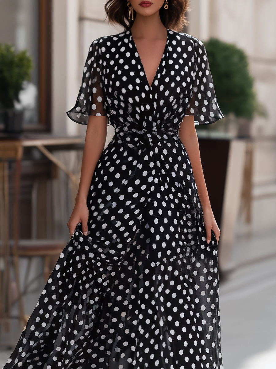 Léon Varel Polka Dot Chiffon V-Neck Maxi Dress