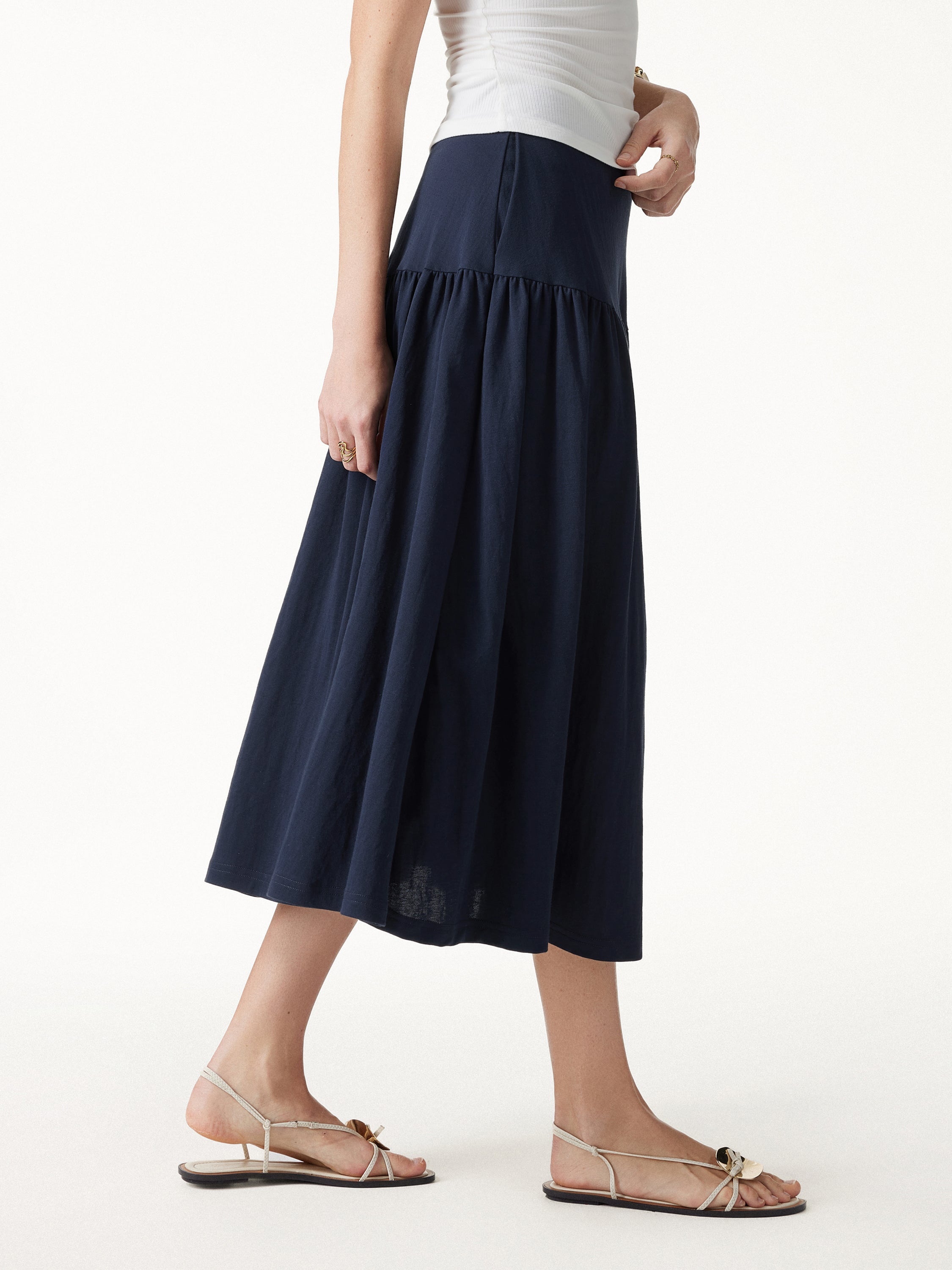 Cotton-Linen Gathered Midi Skirt with Pockets