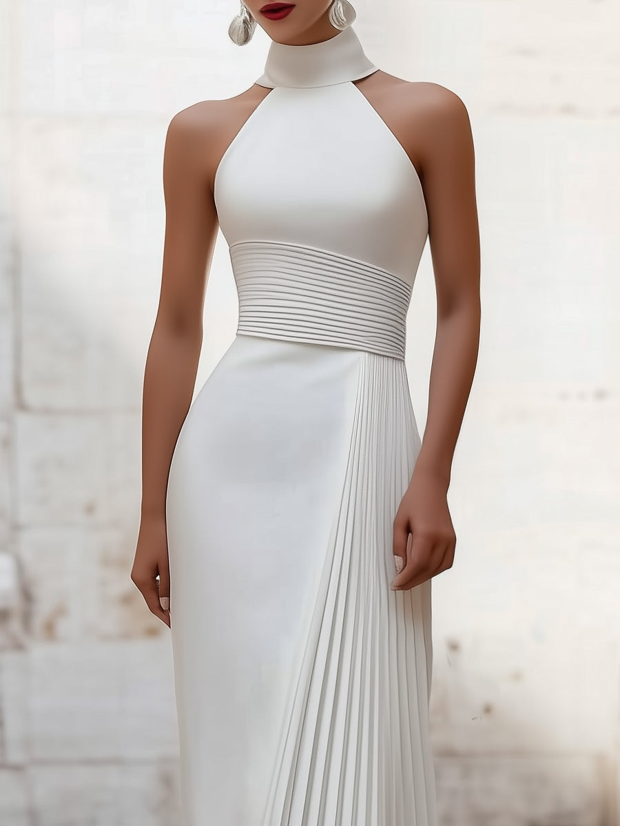 Léon Varel Elegant Satin Pleated Halter-Neck Evening Gown