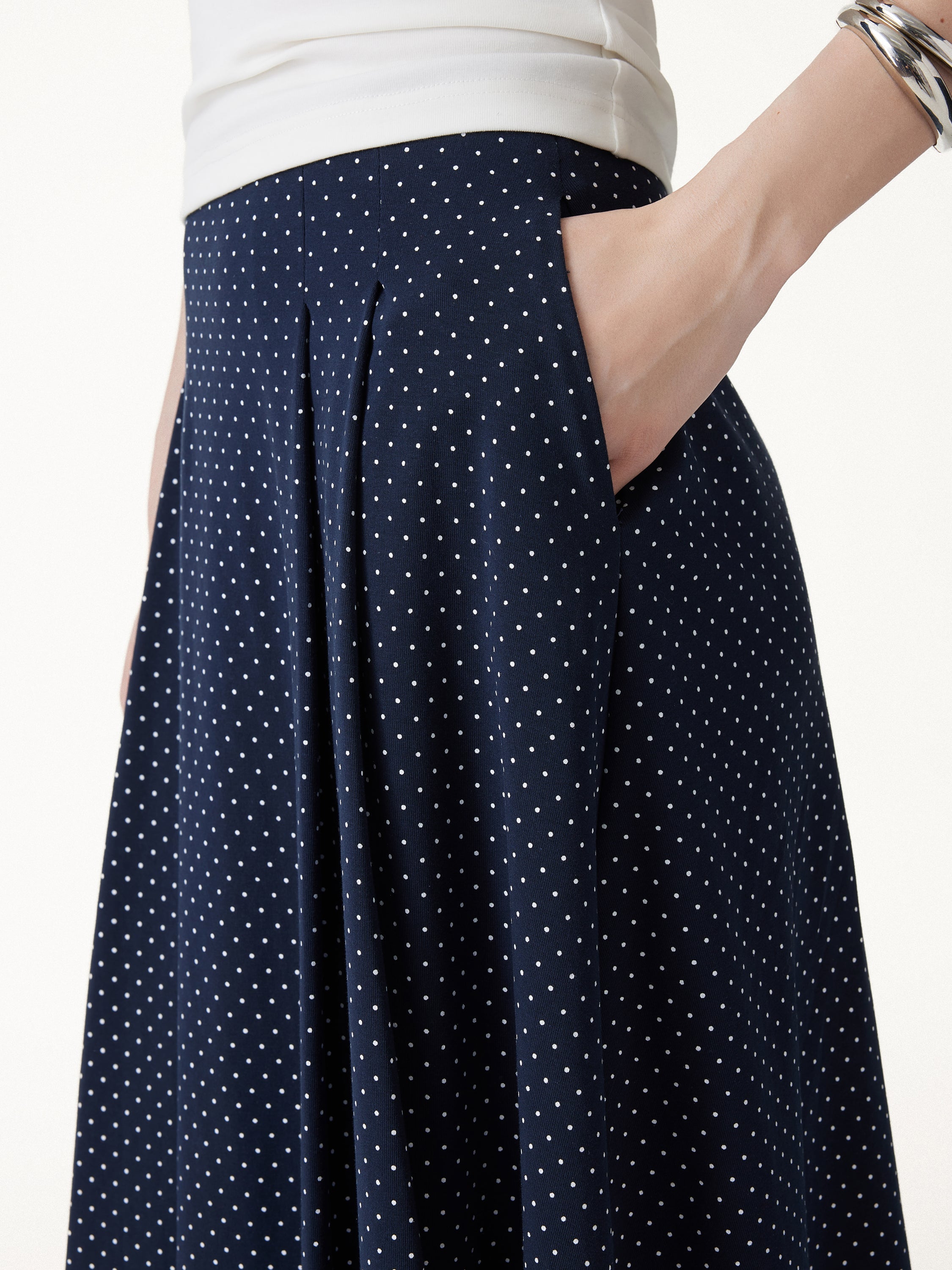 Polka Dots Flared Midi Skirt with Pockets