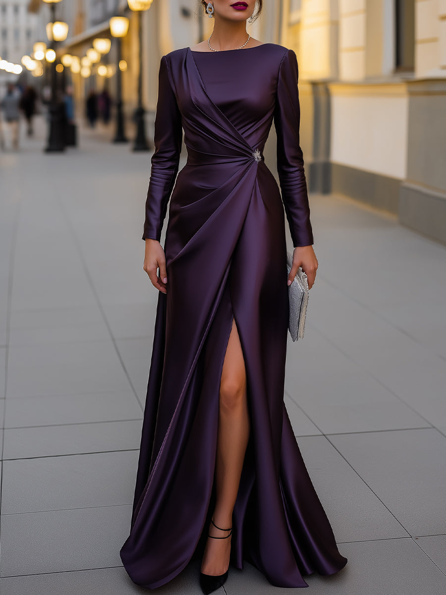 Léon Varel Satin Asymmetric Draped Evening Gown