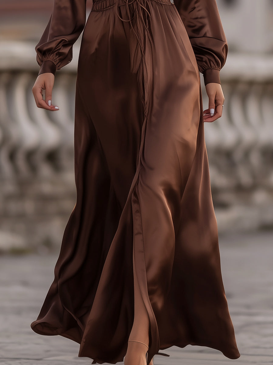 Léon Varel Mooyius Satin Cinched Waist Maxi Dress In Mocha Brown
