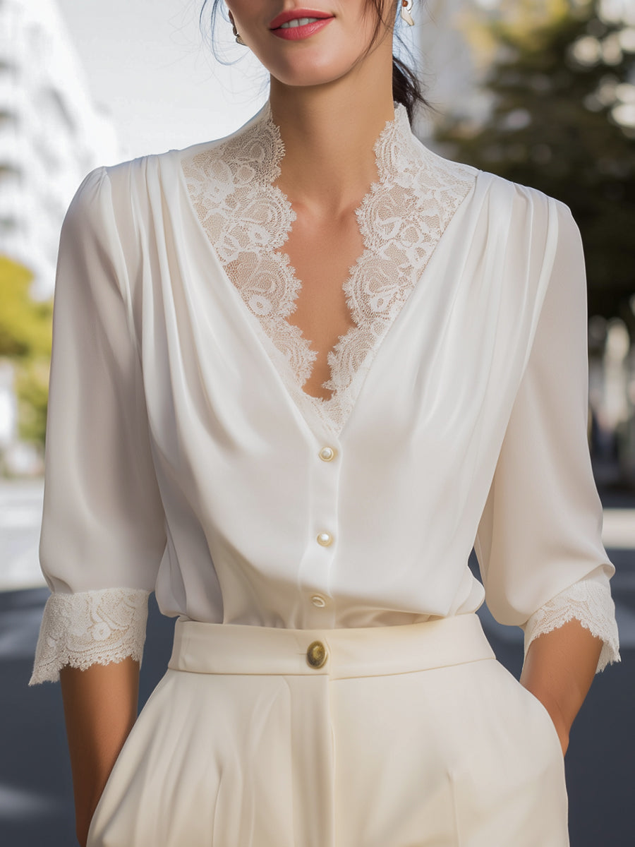 Léon Varel Lace-Trimmed V-Neck Chiffon Button-Up Blouse