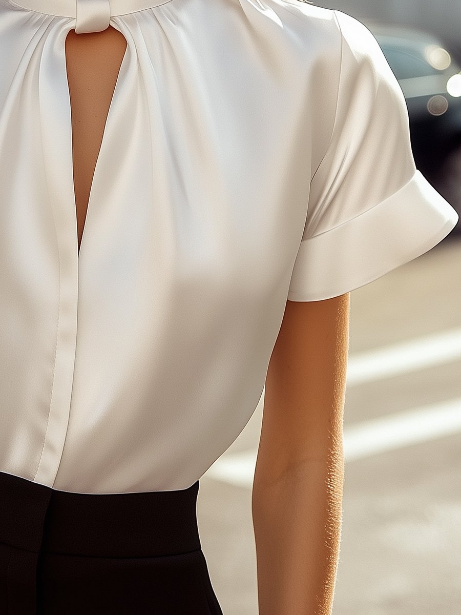 Léon Varel Sophisticated White Satin Blouse with Modern Keyhole Neckline