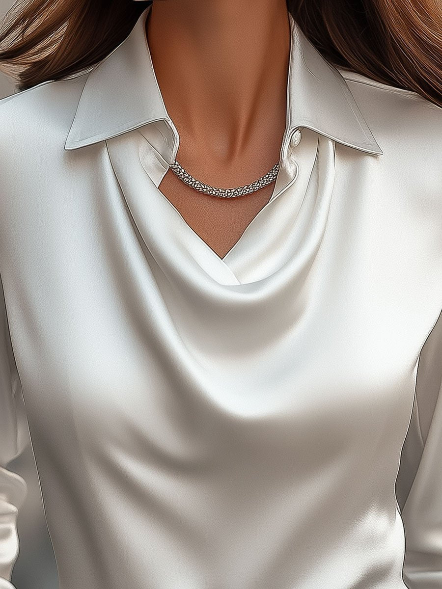 Léon Varel Elegant White Satin Blouse with Draped Neckline