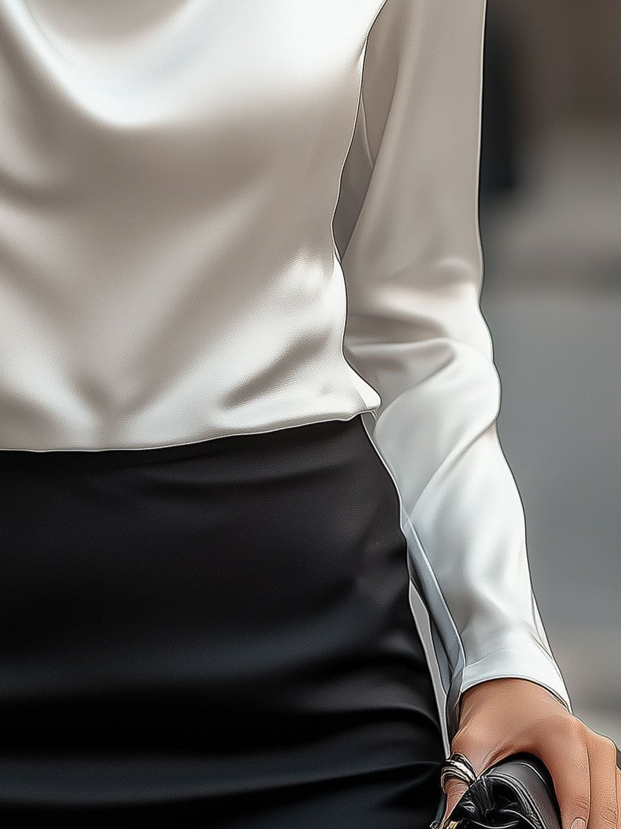 Léon Varel Elegant White Satin Blouse with Draped Neckline