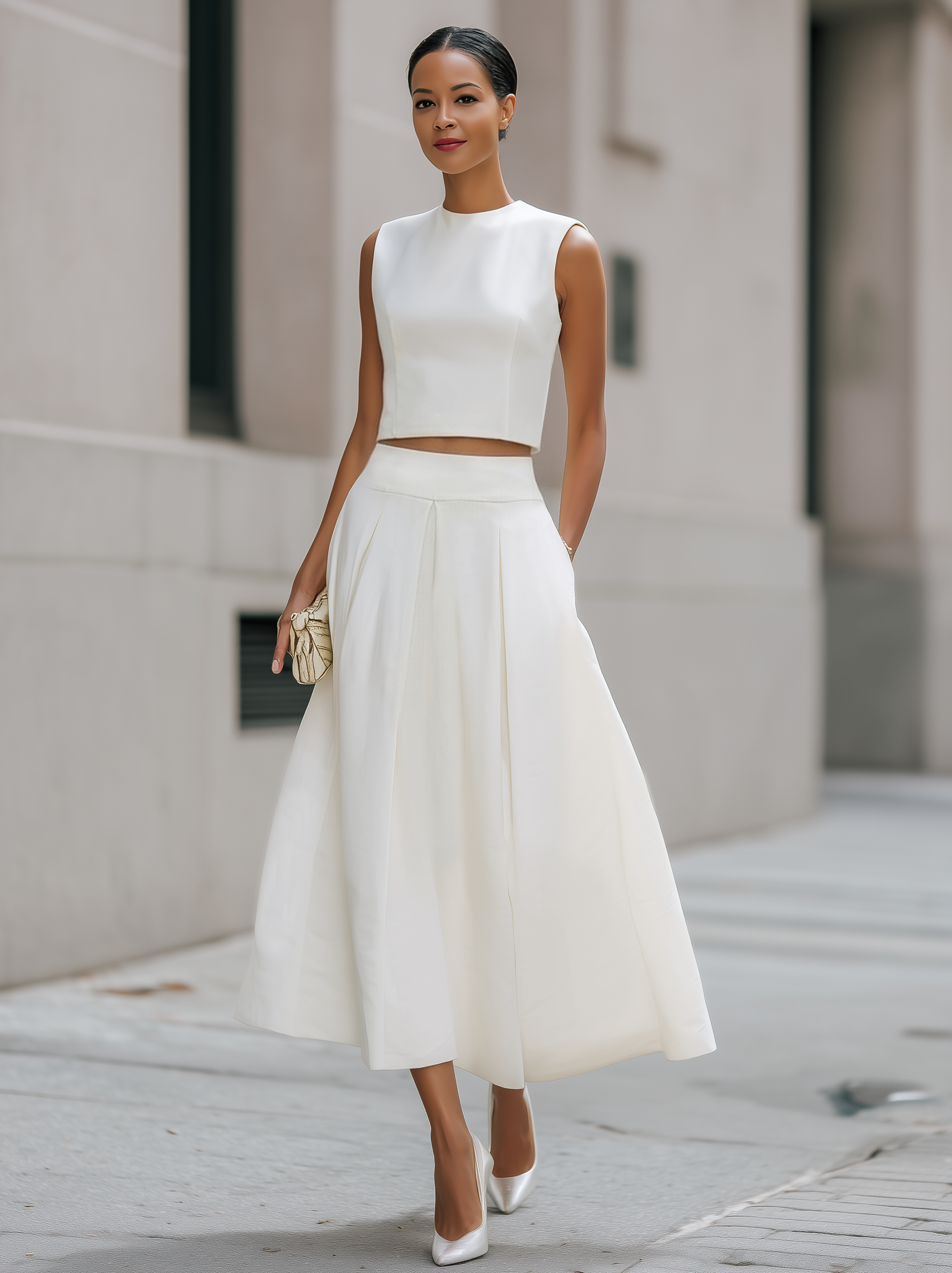 Léon Varel Sleeveless Cropped Top And Pleated Midi Skirt Set
