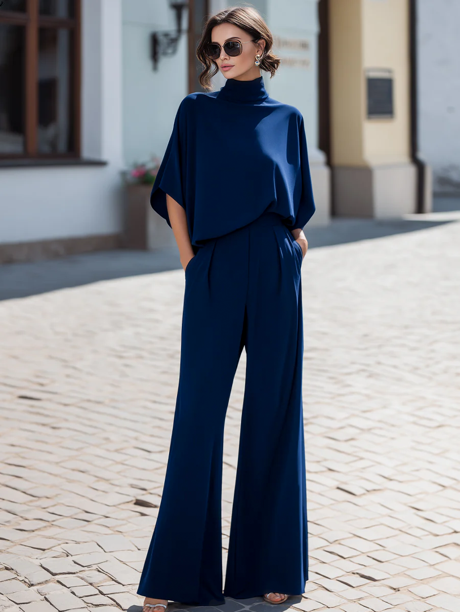 Léon Varel Minimalist High-Neck Draped Blouse & Wide-Leg Trouser Set