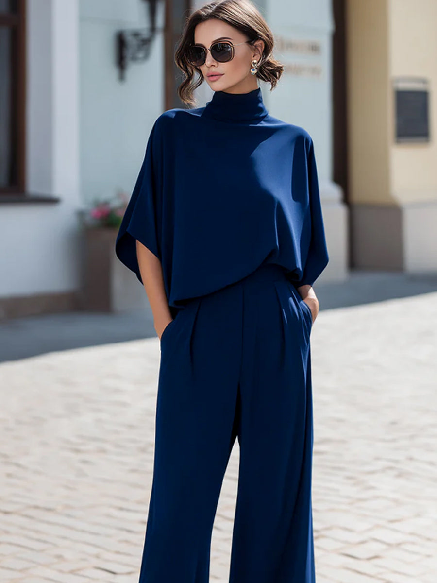 Léon Varel Minimalist High-Neck Draped Blouse & Wide-Leg Trouser Set