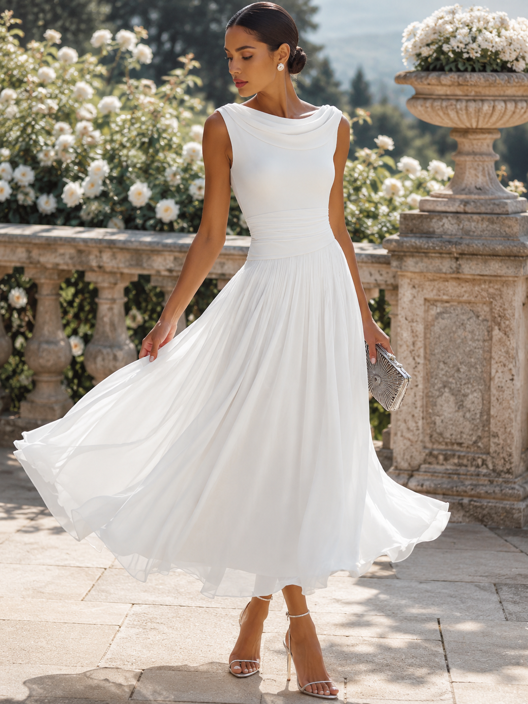 Léon Varel Draped Neck Sleeveless Pleated Midi Dress