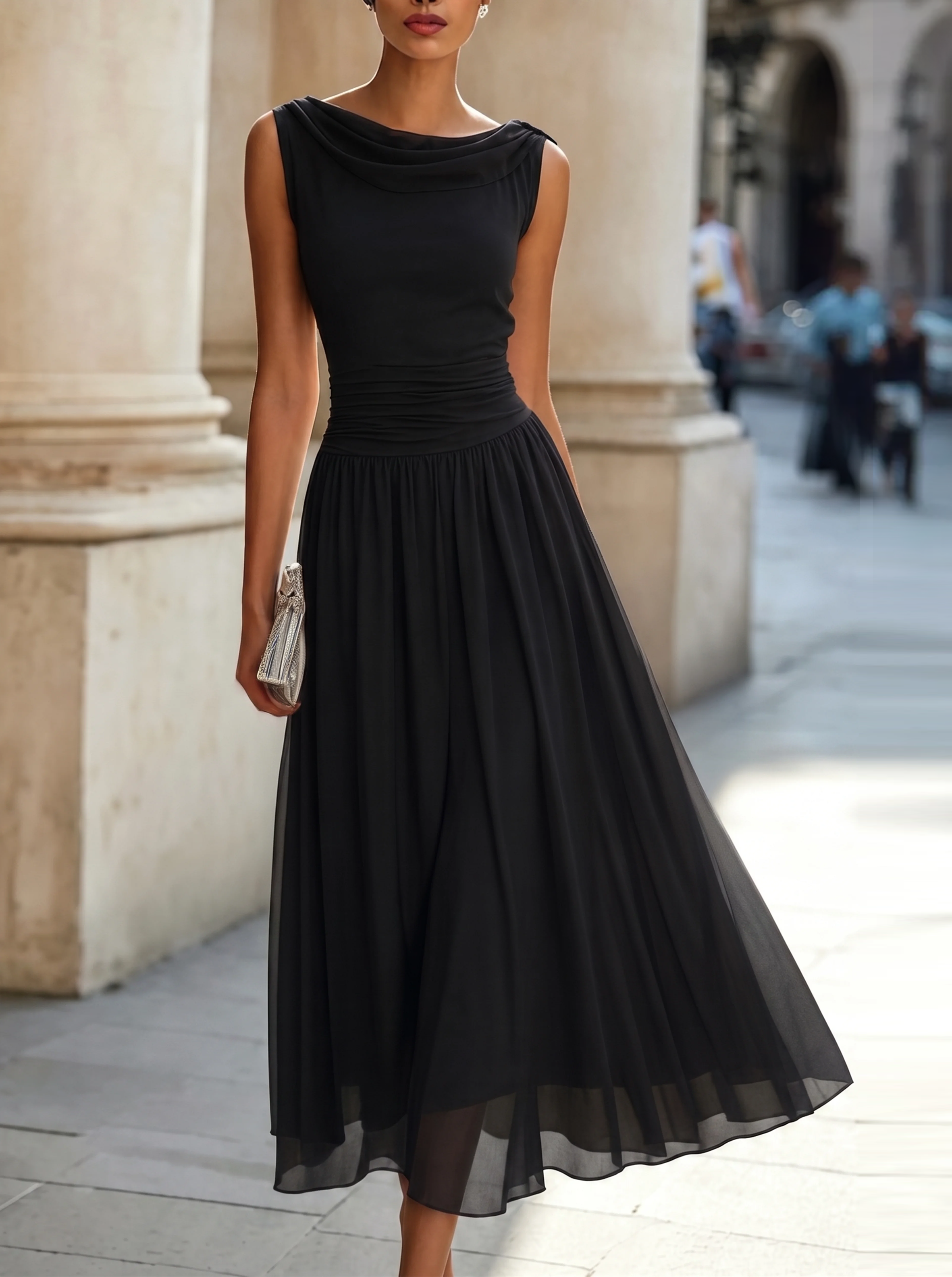 Léon Varel Draped Neck Sleeveless Pleated Midi Dress