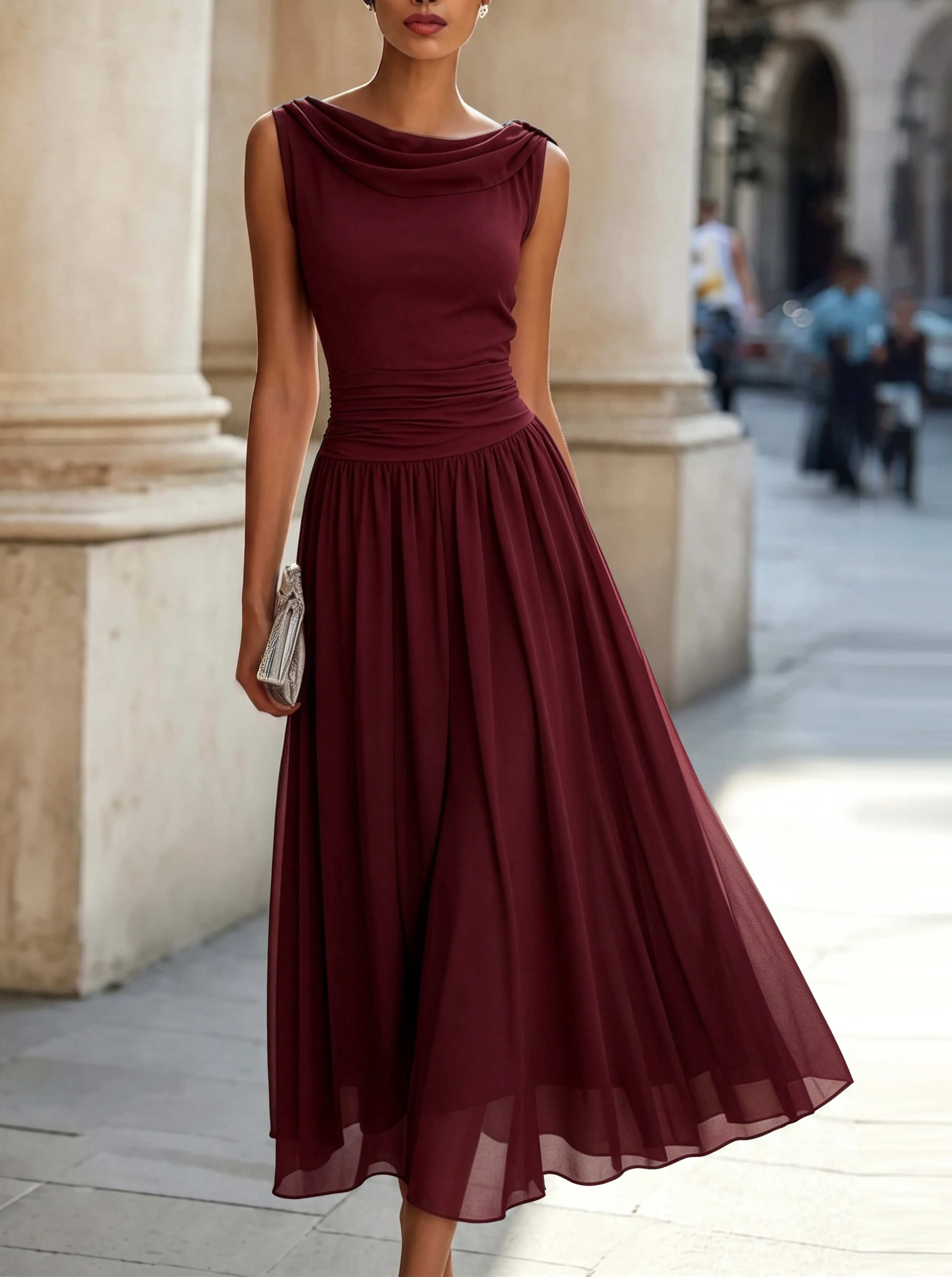 Léon Varel Draped Neck Sleeveless Pleated Midi Dress