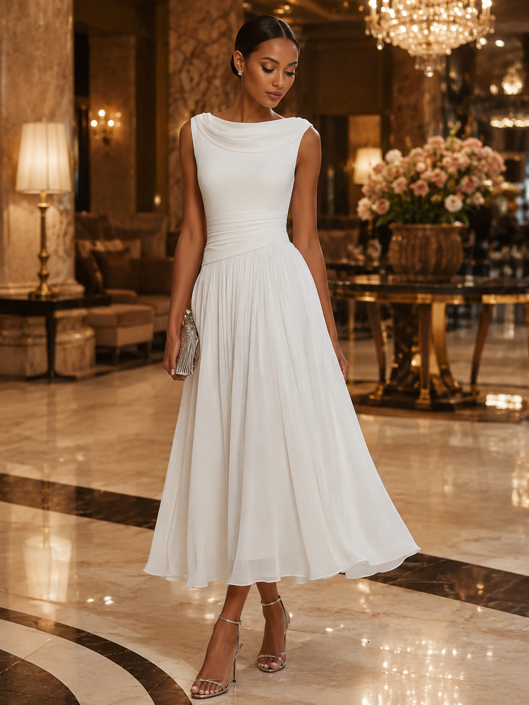Léon Varel Draped Neck Sleeveless Pleated Midi Dress