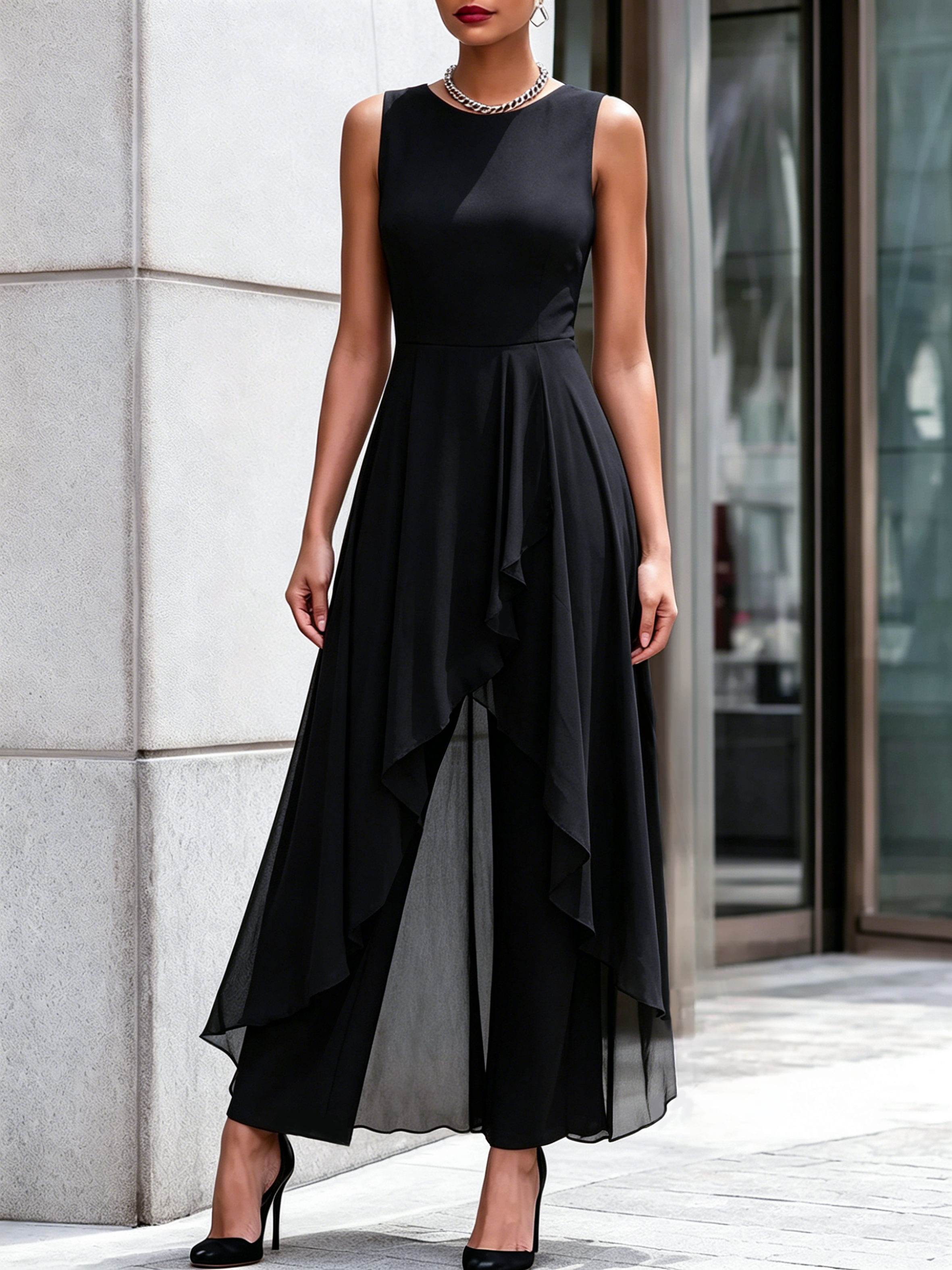 Léon Varel Sleeveless Layered Chiffon Overlay Jumpsuit