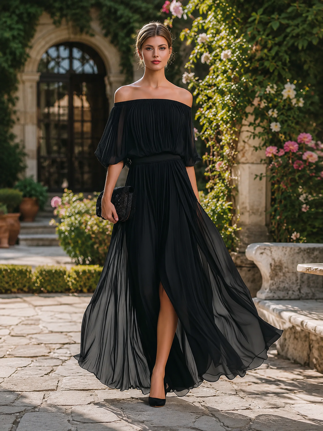 Léon Varel Off-Shoulder Pleated Chiffon Maxi Dress