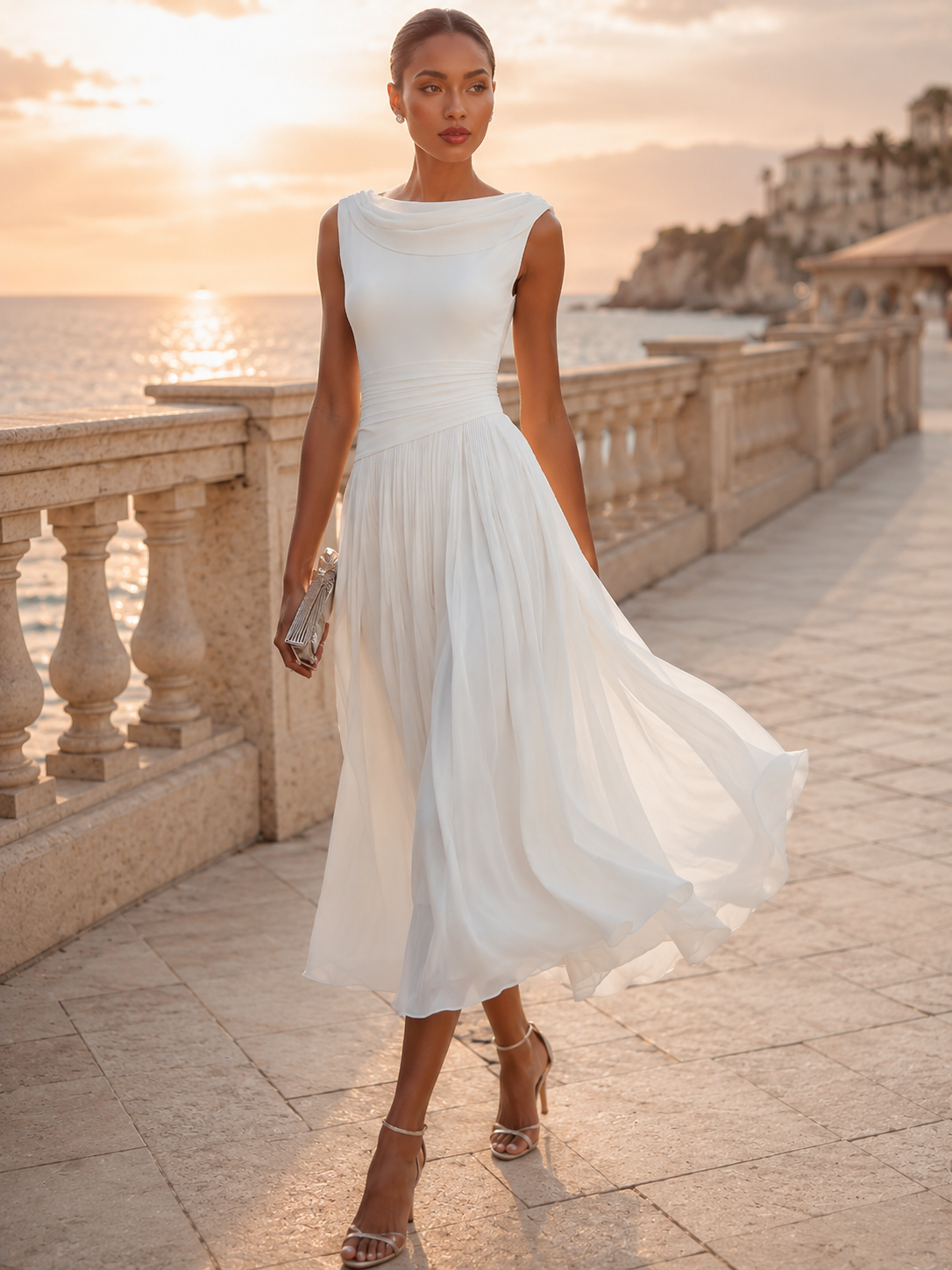 Léon Varel Draped Neck Sleeveless Pleated Midi Dress