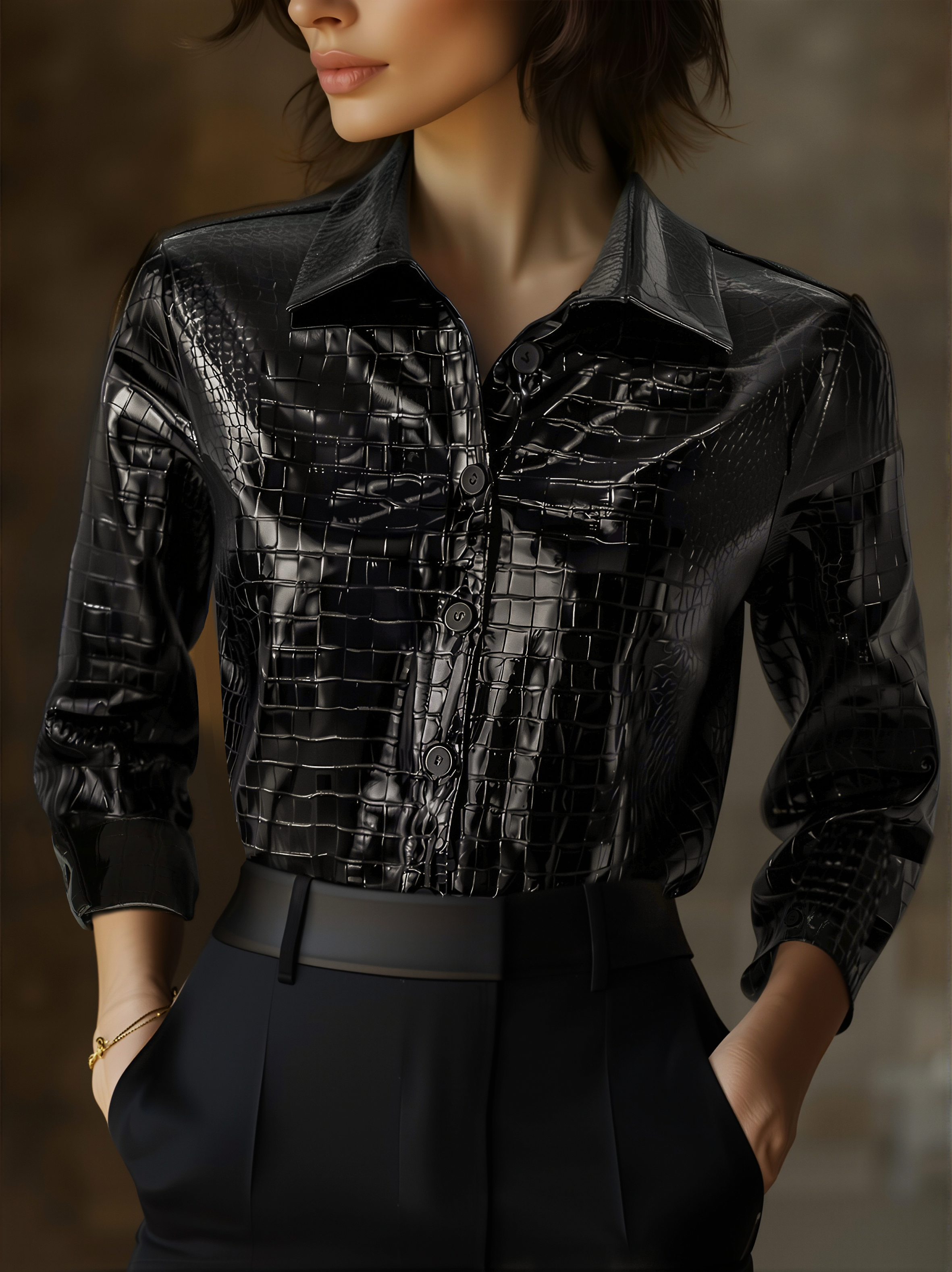 Léon Varel Glossy Black Crocodile Embossed Shirt
