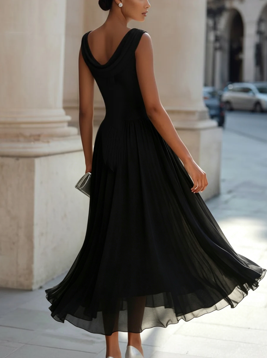 Léon Varel Draped Neck Sleeveless Pleated Midi Dress