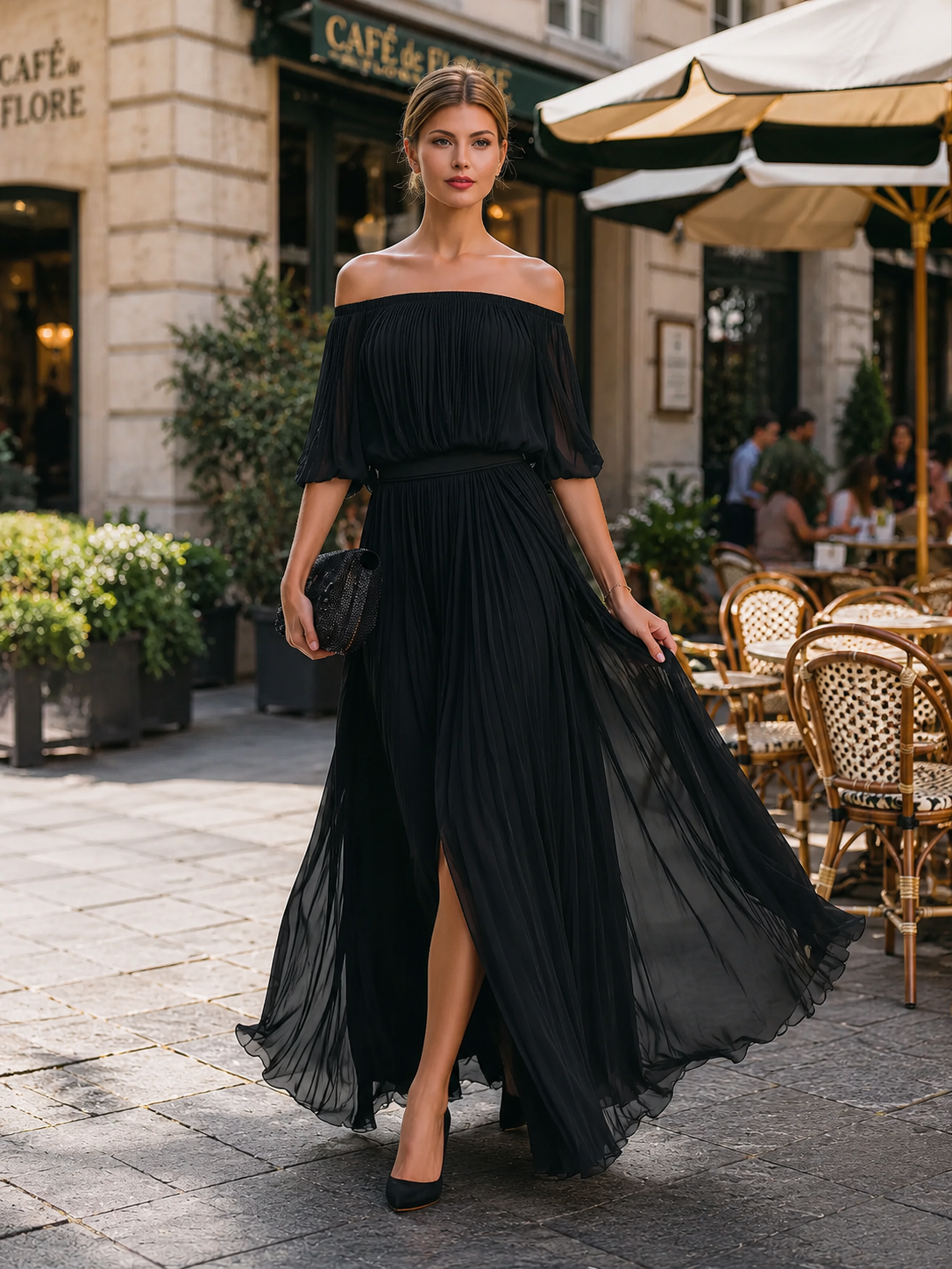 Léon Varel Off-Shoulder Pleated Chiffon Maxi Dress