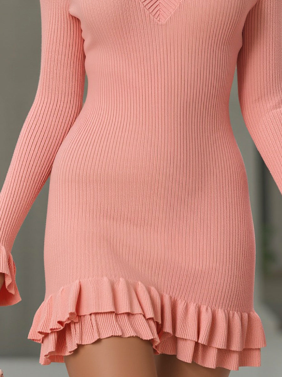 Léon Varel Sweetheart Ruffle Hem Ribbed Knit Mini Dress